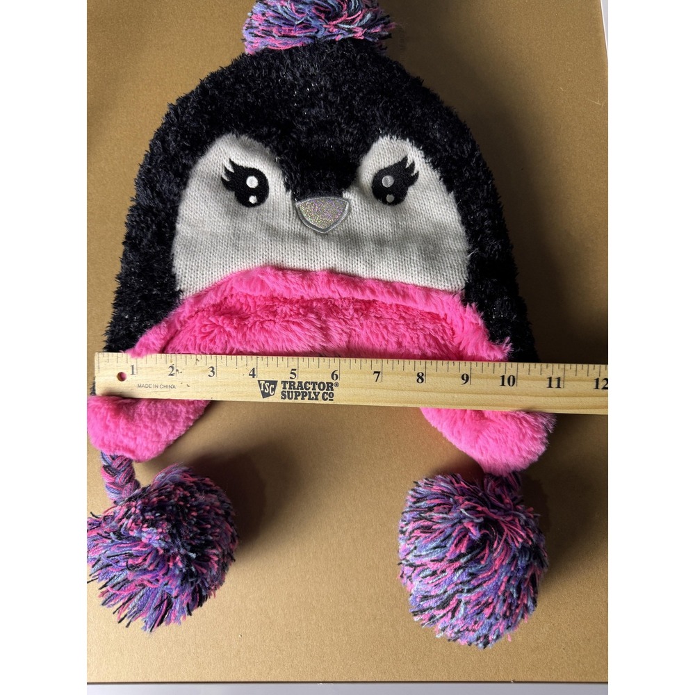 Penguin Hat Beanie Earflap Youth S/M Black Pink Fuzzy Winter Pom Pom Capelli‎ - Picture 5 of 6